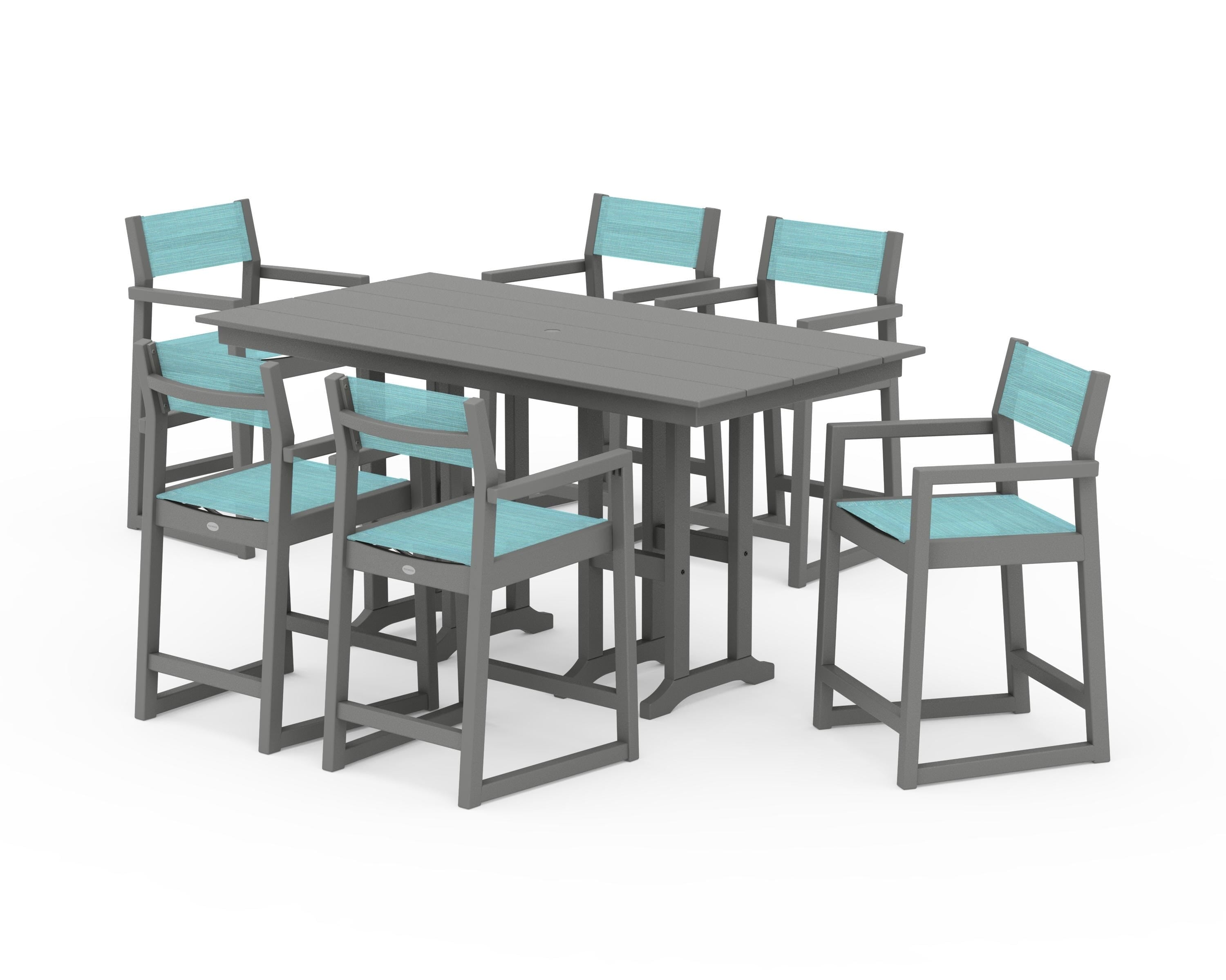 POLYWOOD® EDGE Sling Arm Chair 7-Piece Farmhouse Counter Set in Slate Grey / Dupioni Aquamarine Sling