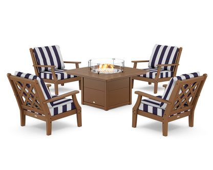 Country Living Wovendale 5-Piece Deep Seating Set with Fire Pit Table in Teak / Cabana Stripe Navy