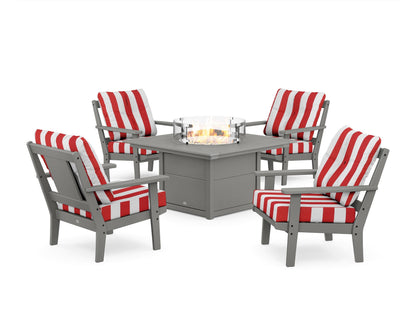 POLYWOOD® Prairie 5-Piece Deep Seating Set with Fire Pit Table in Slate Grey / Cabana Stripe Crimson