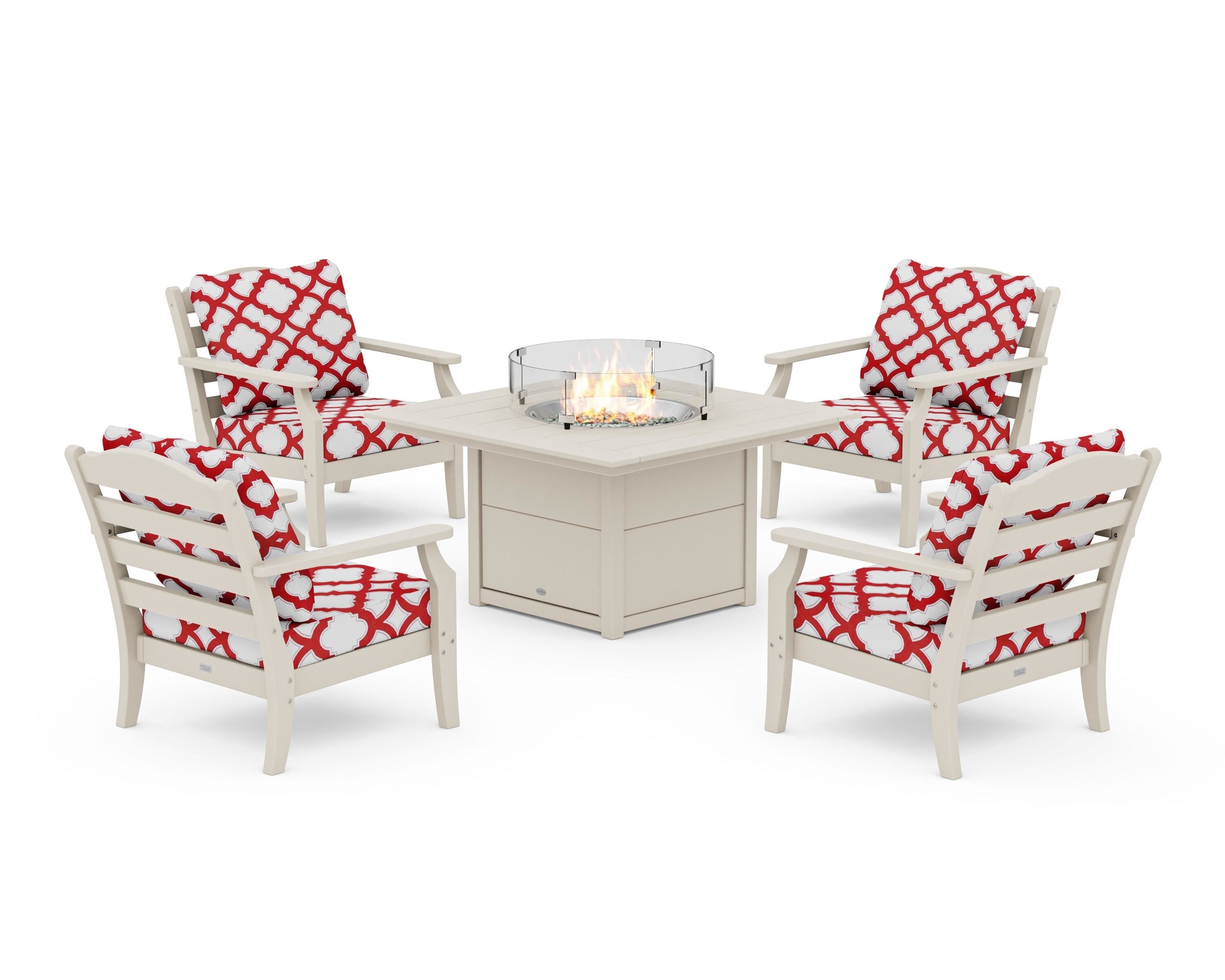 Draper James™ by  POLYWOOD® Savannah 5-Piece Deep Seating Set with Fire Pit Table in Sand / Trellis Crimson