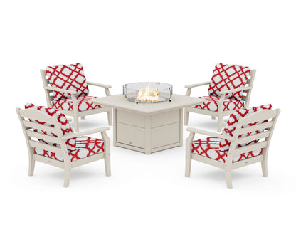 Draper James™ by  POLYWOOD® Savannah 5-Piece Deep Seating Set with Fire Pit Table in Sand / Trellis Crimson