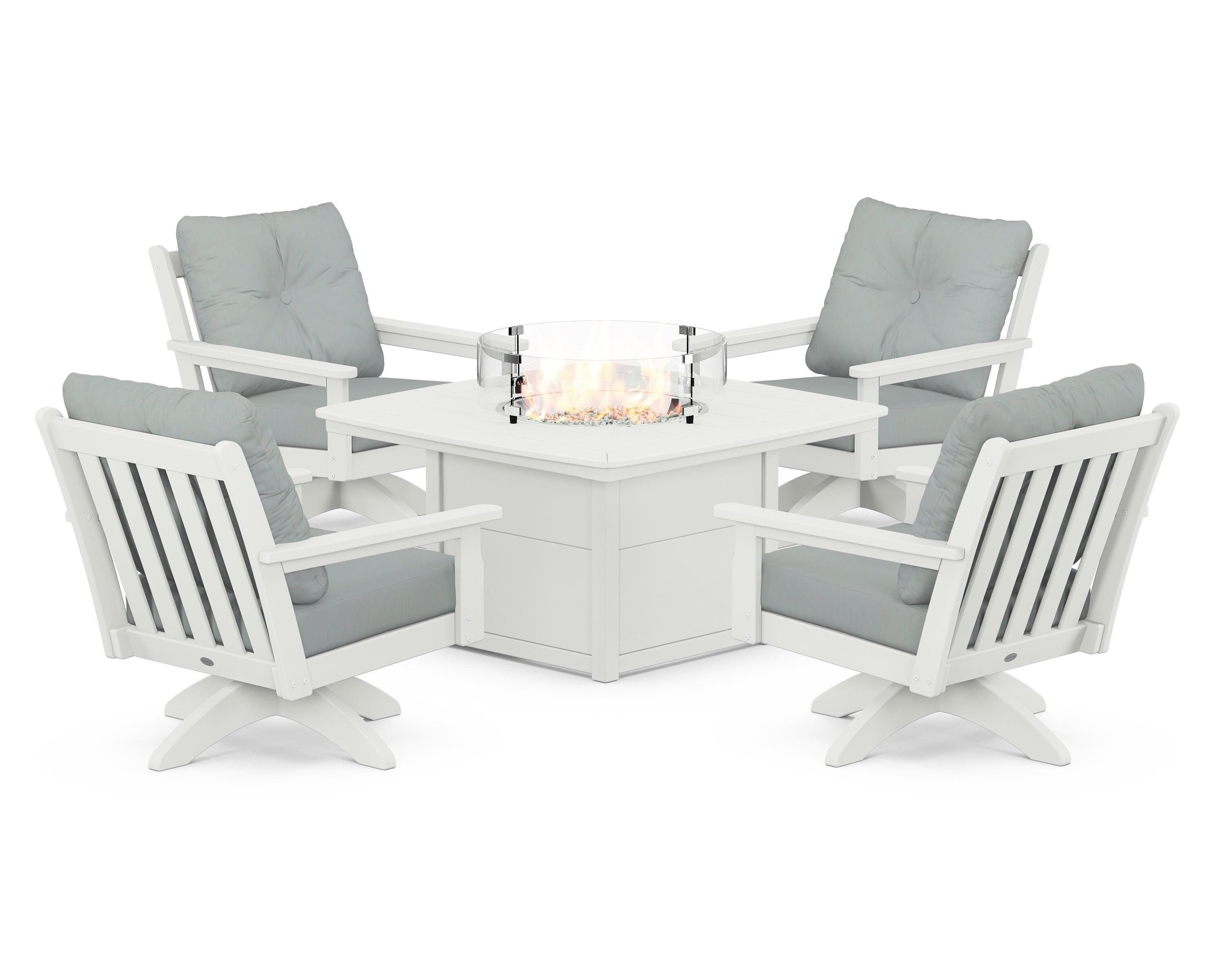 POLYWOOD® Vineyard 5-Piece Deep Seating Swivel Conversation Set with Fire Pit Table in Vintage White / Spa