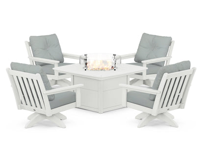 POLYWOOD® Vineyard 5-Piece Deep Seating Swivel Conversation Set with Fire Pit Table in Vintage White / Spa