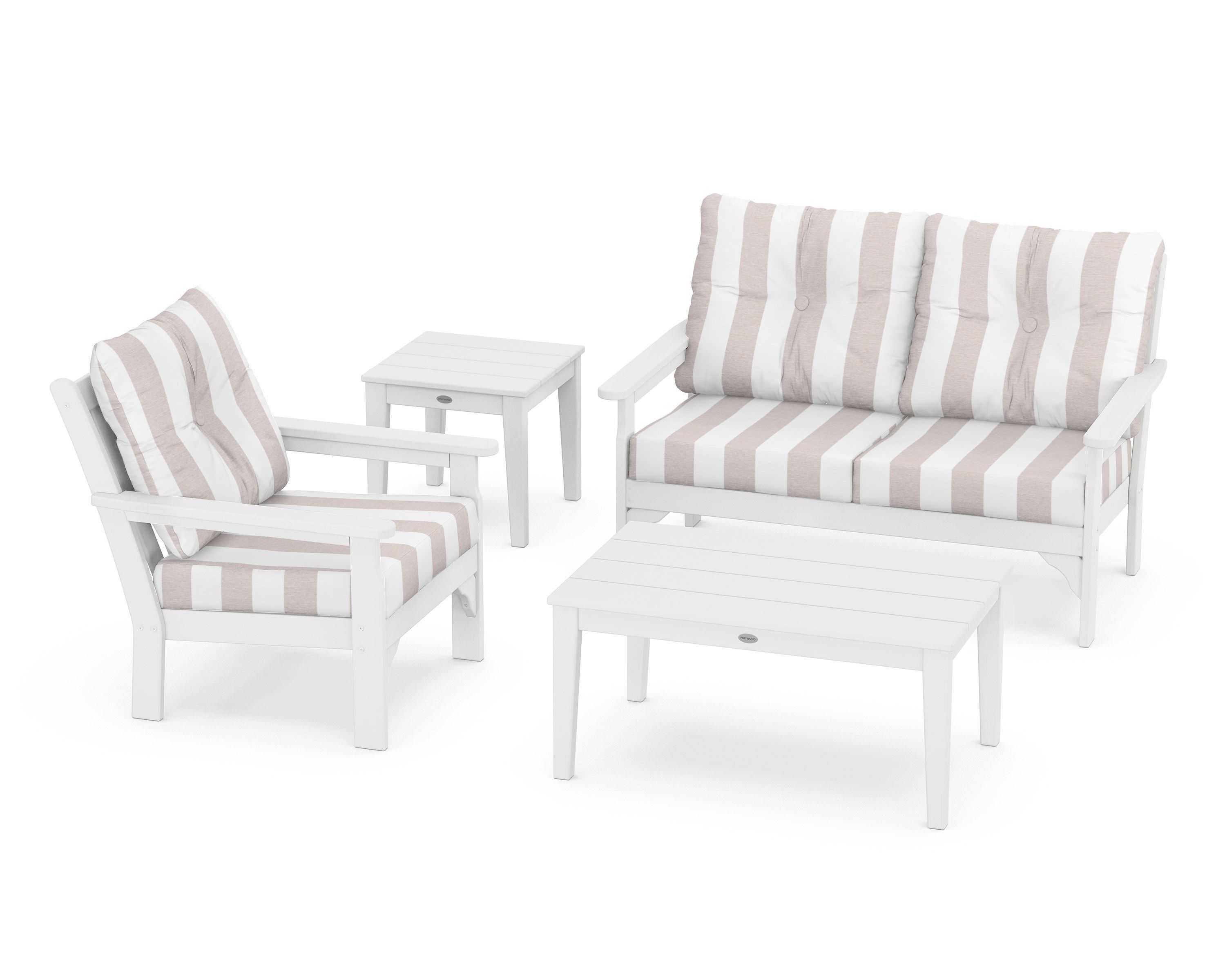 POLYWOOD® Vineyard 4-Piece Deep Seating Set in White / Cabana Stripe Dune Burlap
