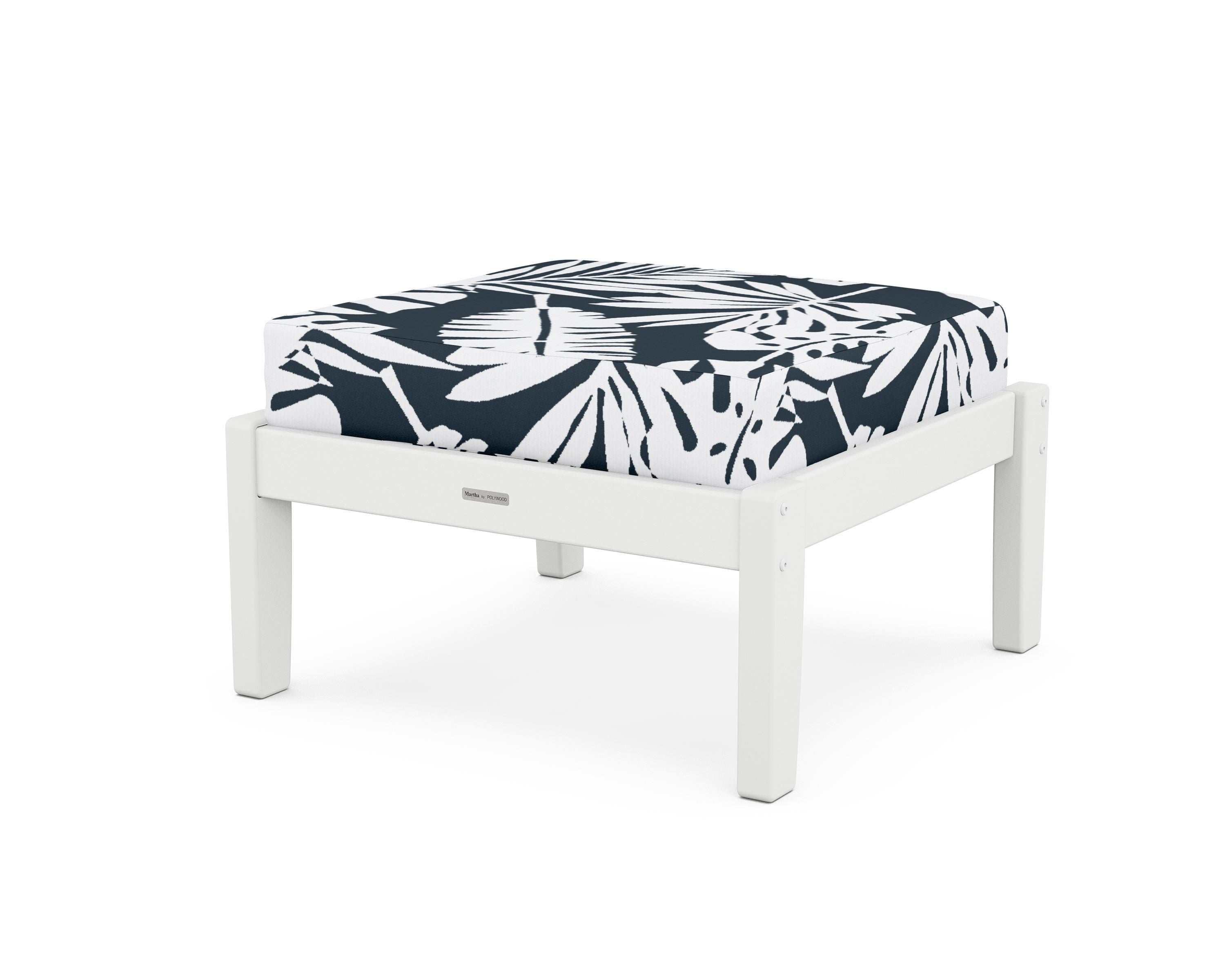Martha Stewart by POLYWOOD® Chinoiserie Deep Seating Ottoman in White / Leaf Marine Indigo