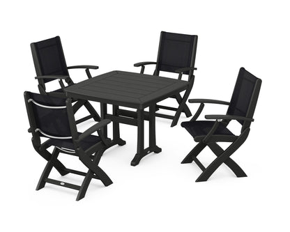 POLYWOOD® Coastal Folding Chair 5-Piece Dining Set with Trestle Legs in Black / Black Sling