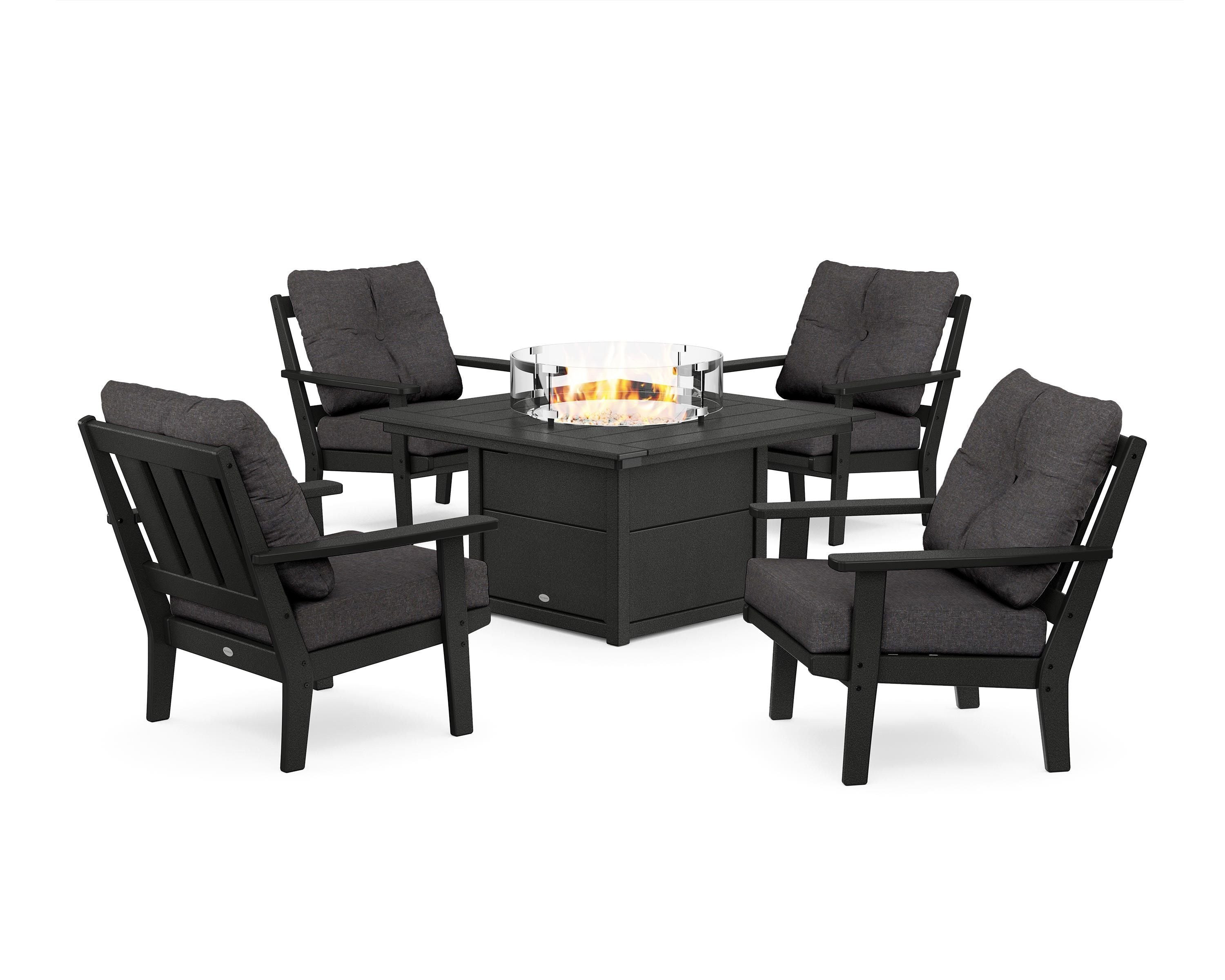 POLYWOOD® Oxford 5-Piece Deep Seating Set with Fire Pit Table in Black / Ash Charcoal
