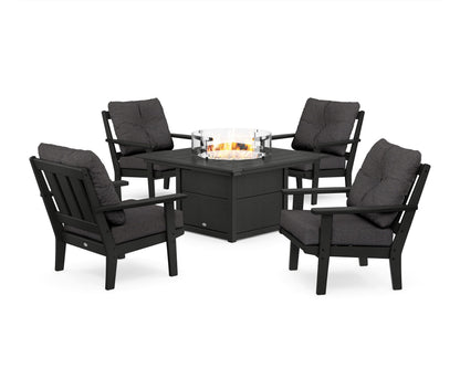 POLYWOOD® Oxford 5-Piece Deep Seating Set with Fire Pit Table in Black / Ash Charcoal