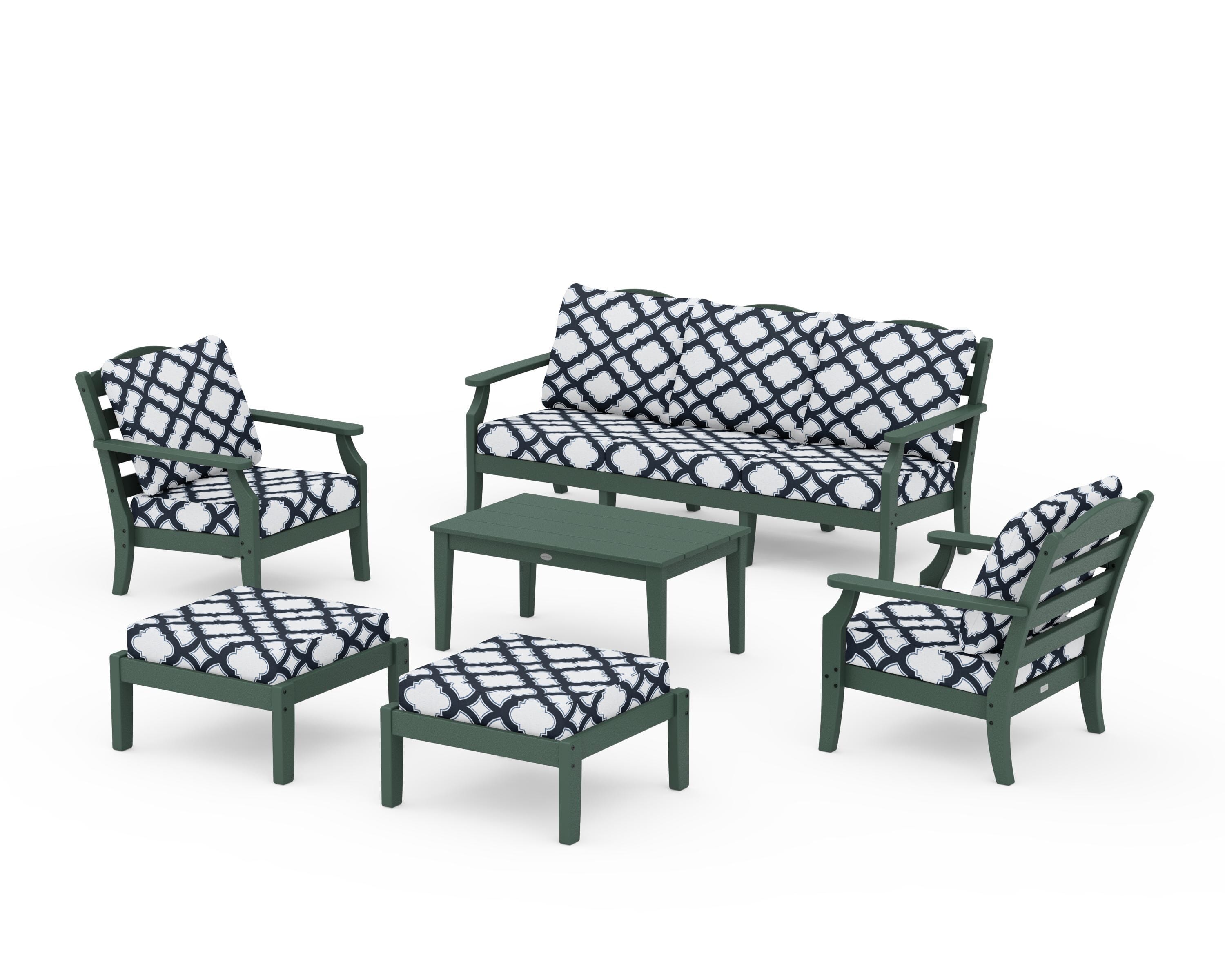 Draper James™ by  POLYWOOD® Savannah 6-Piece Lounge Sofa Set in Green / Trellis Marine Indigo