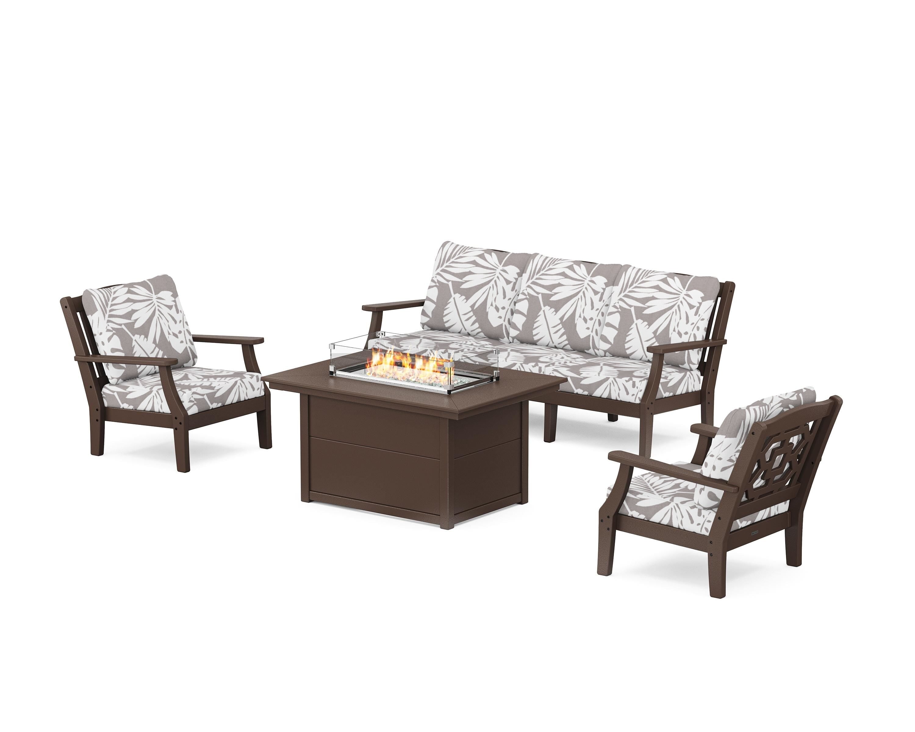 Martha Stewart by POLYWOOD® Chinoiserie Deep Seating Fire Pit Table Set in Mahogany / Leaf Grey Mist