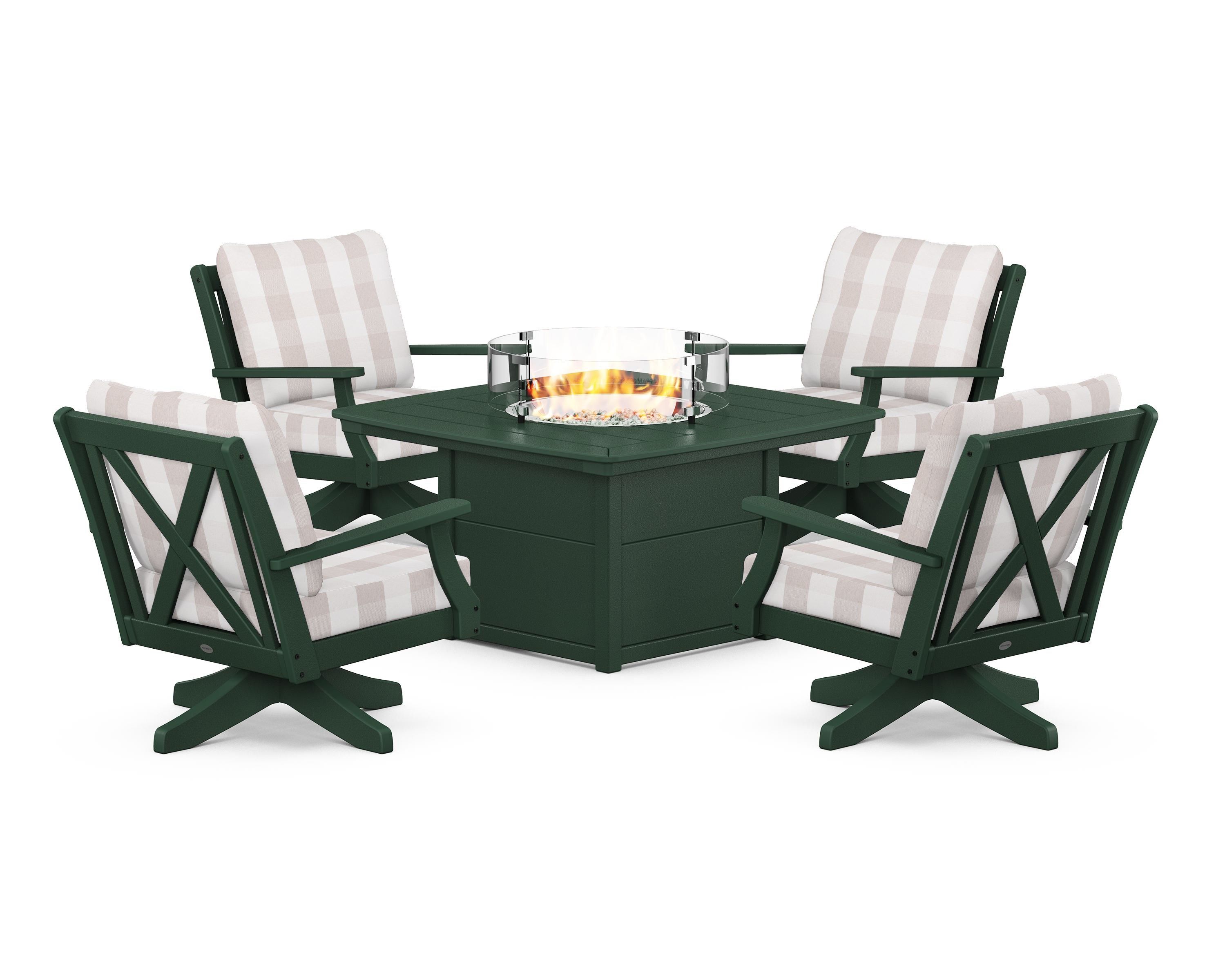 POLYWOOD® Braxton 5-Piece Deep Seating Swivel Conversation Set with Fire Pit Table in Green / Buffalo Plaid Dune Burlap