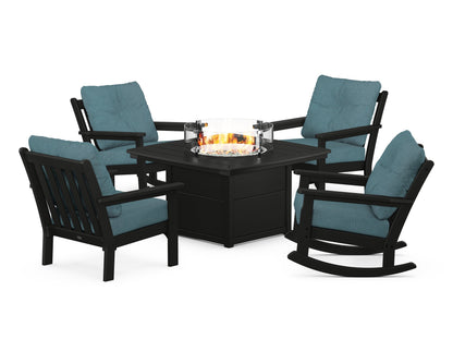 POLYWOOD® Vineyard 5-Piece Deep Seating Rocking Chair Conversation Set with Fire Pit Table in Black / Ocean Teal