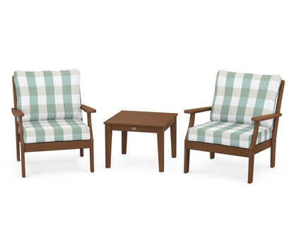 POLYWOOD® Braxton 3-Piece Deep Seating Set in Teak / Buffalo Plaid Glacier Spa