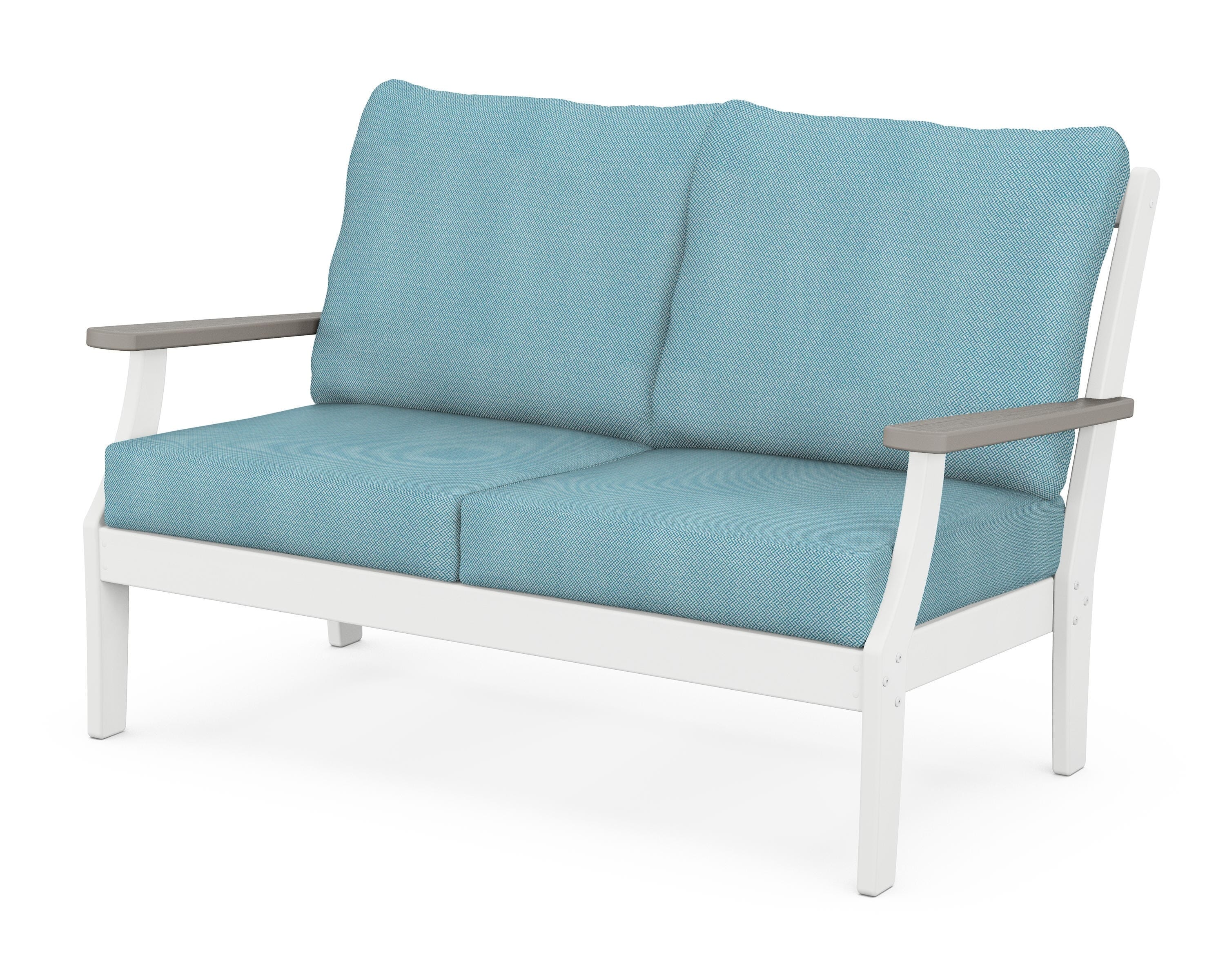 POLYWOOD® Braxton Deep Seating Loveseat in White / Driftwood / Lattice Sky Blue