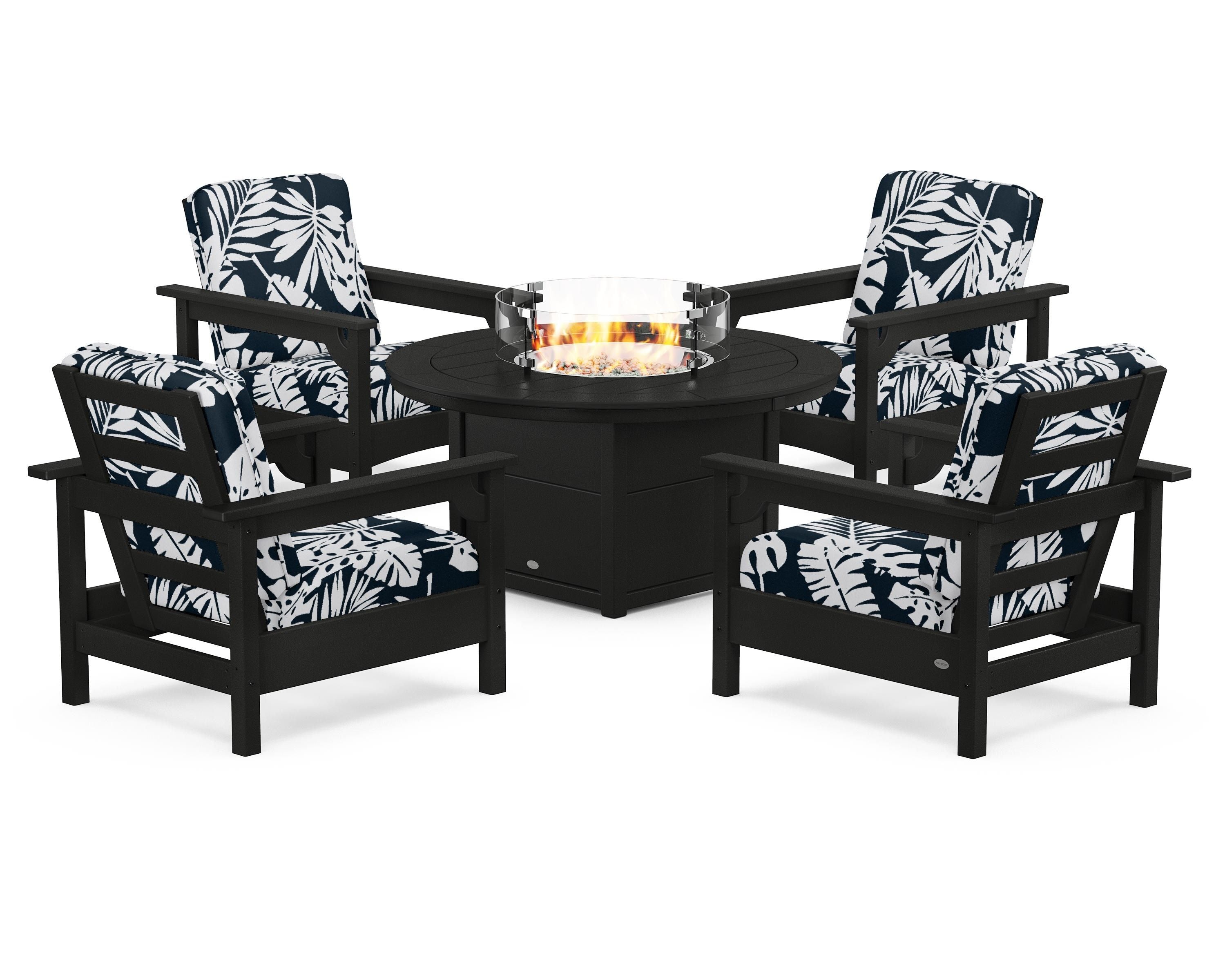 POLYWOOD® Club 5-Piece Conversation Set with Fire Pit Table in Black / Leaf Marine Indigo