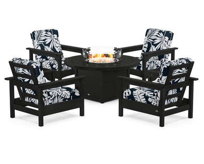 POLYWOOD® Club 5-Piece Conversation Set with Fire Pit Table in Black / Leaf Marine Indigo