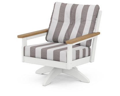 POLYWOOD® Vineyard Deep Seating Swivel Chair in White / Natural / Cabana Stripe Grey Mist