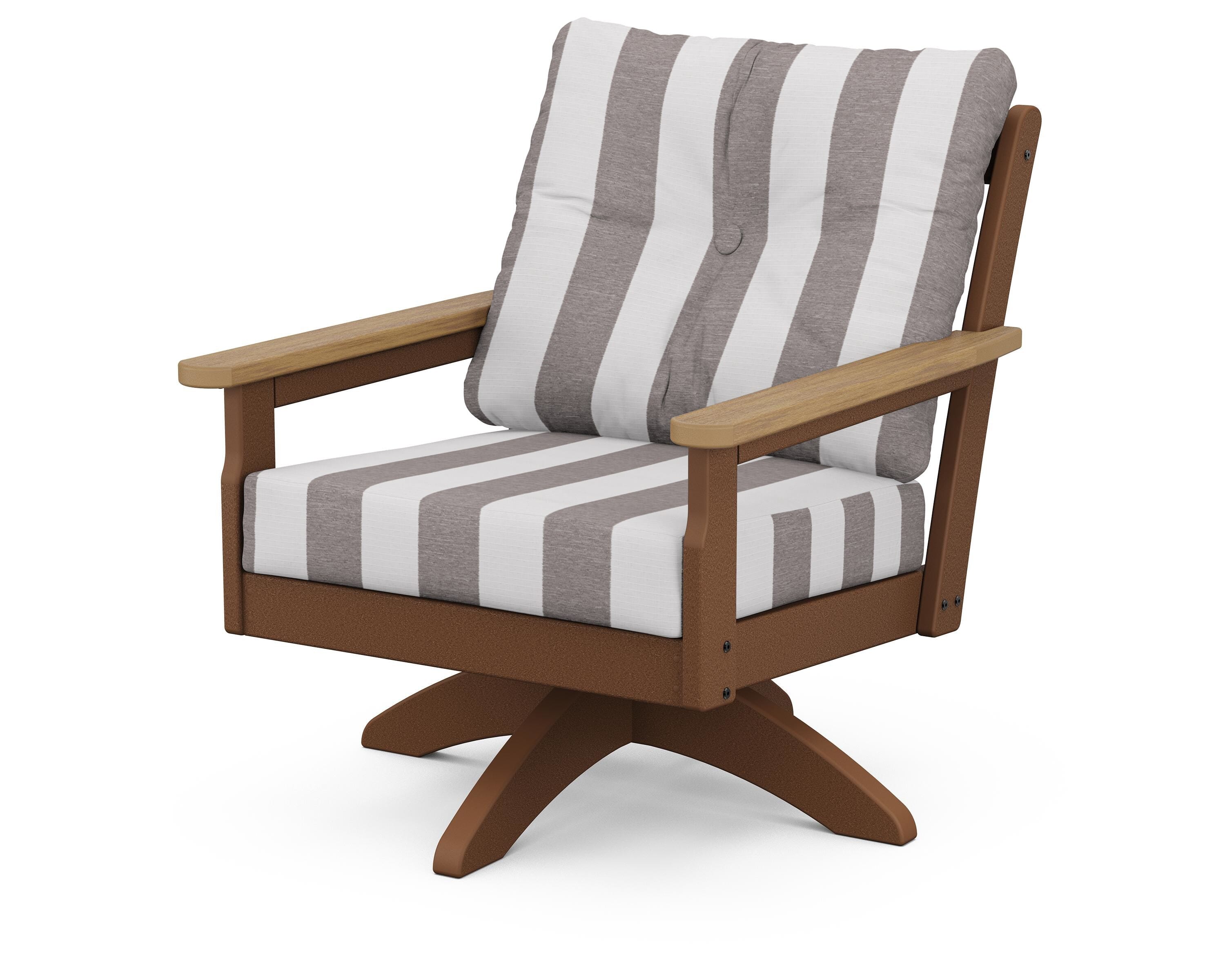 POLYWOOD® Vineyard Deep Seating Swivel Chair in Teak / Natural / Cabana Stripe Grey Mist