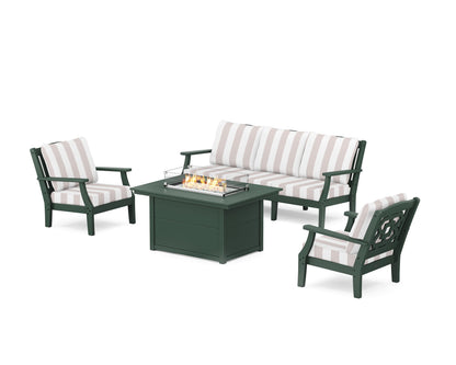 Martha Stewart by POLYWOOD® Chinoiserie Deep Seating Fire Pit Table Set in Green / Cabana Stripe Dune Burlap