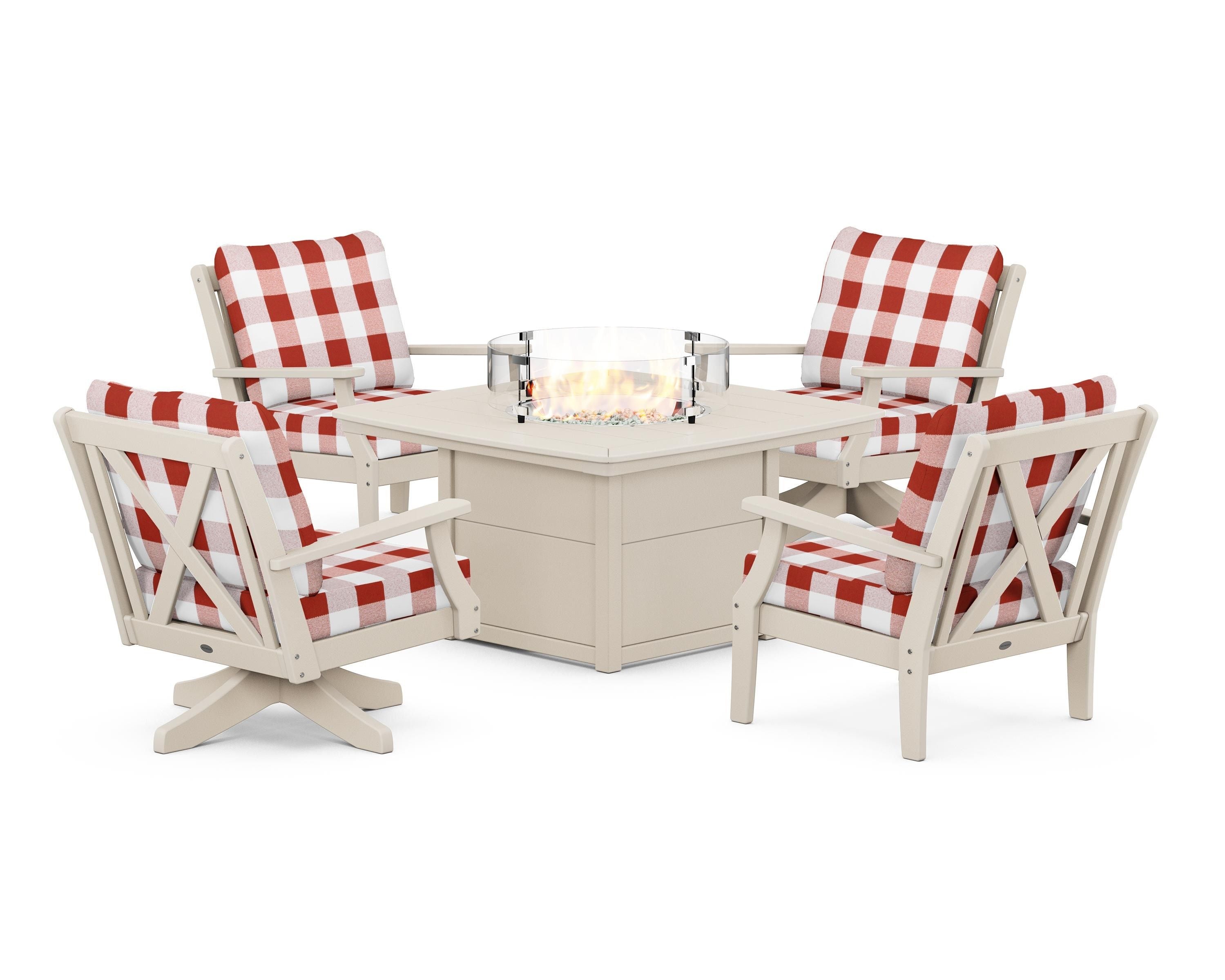 POLYWOOD® Braxton 5-Piece Deep Seating Set with Fire Table in Sand / Buffalo Plaid Crimson