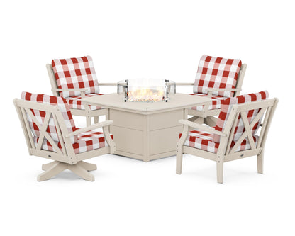 POLYWOOD® Braxton 5-Piece Deep Seating Set with Fire Table in Sand / Buffalo Plaid Crimson