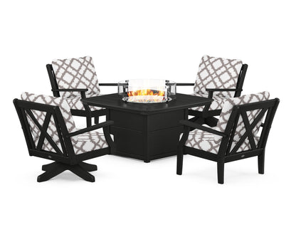 POLYWOOD® Braxton 5-Piece Deep Seating Set with Fire Table in Black / Trellis Grey Mist
