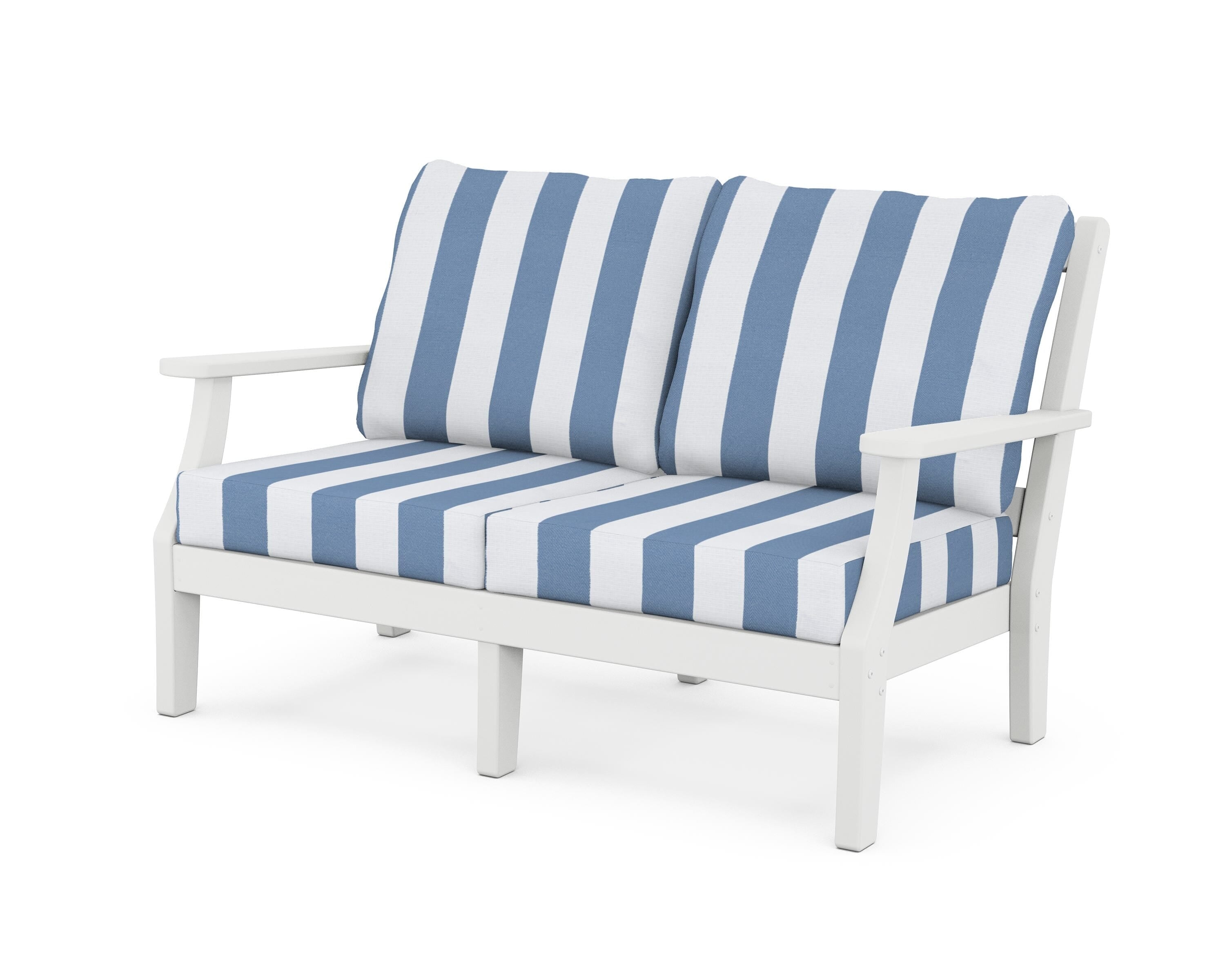 Martha Stewart by POLYWOOD® Chinoiserie Deep Seating Loveseat in White / Cabana Stripe Sky Blue