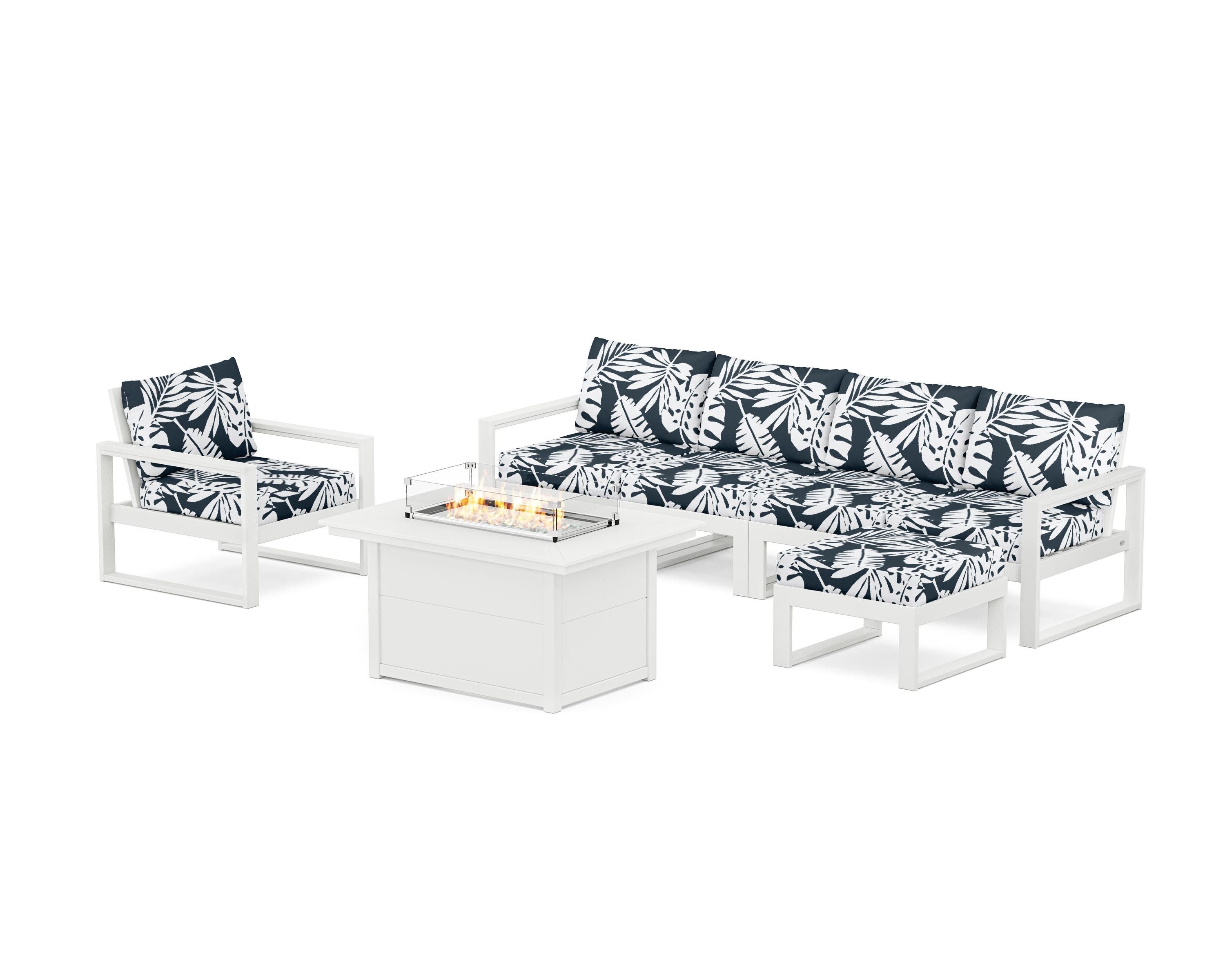 POLYWOOD® EDGE Sectional Lounge and Fire Pit Set in White / Leaf Marine Indigo