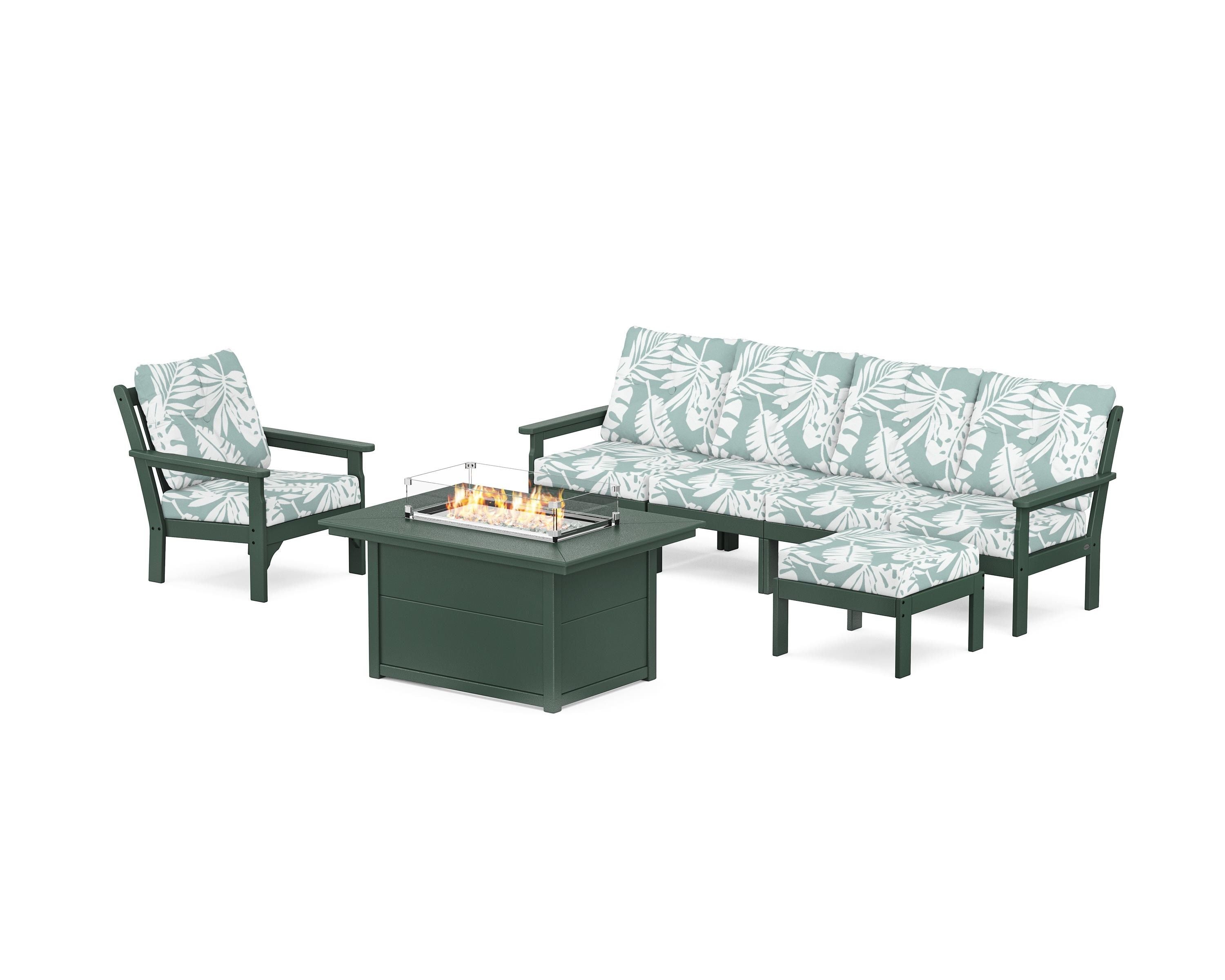 POLYWOOD® Vineyard Sectional Lounge and Fire Pit Set in Green / Leaf Glacier Spa
