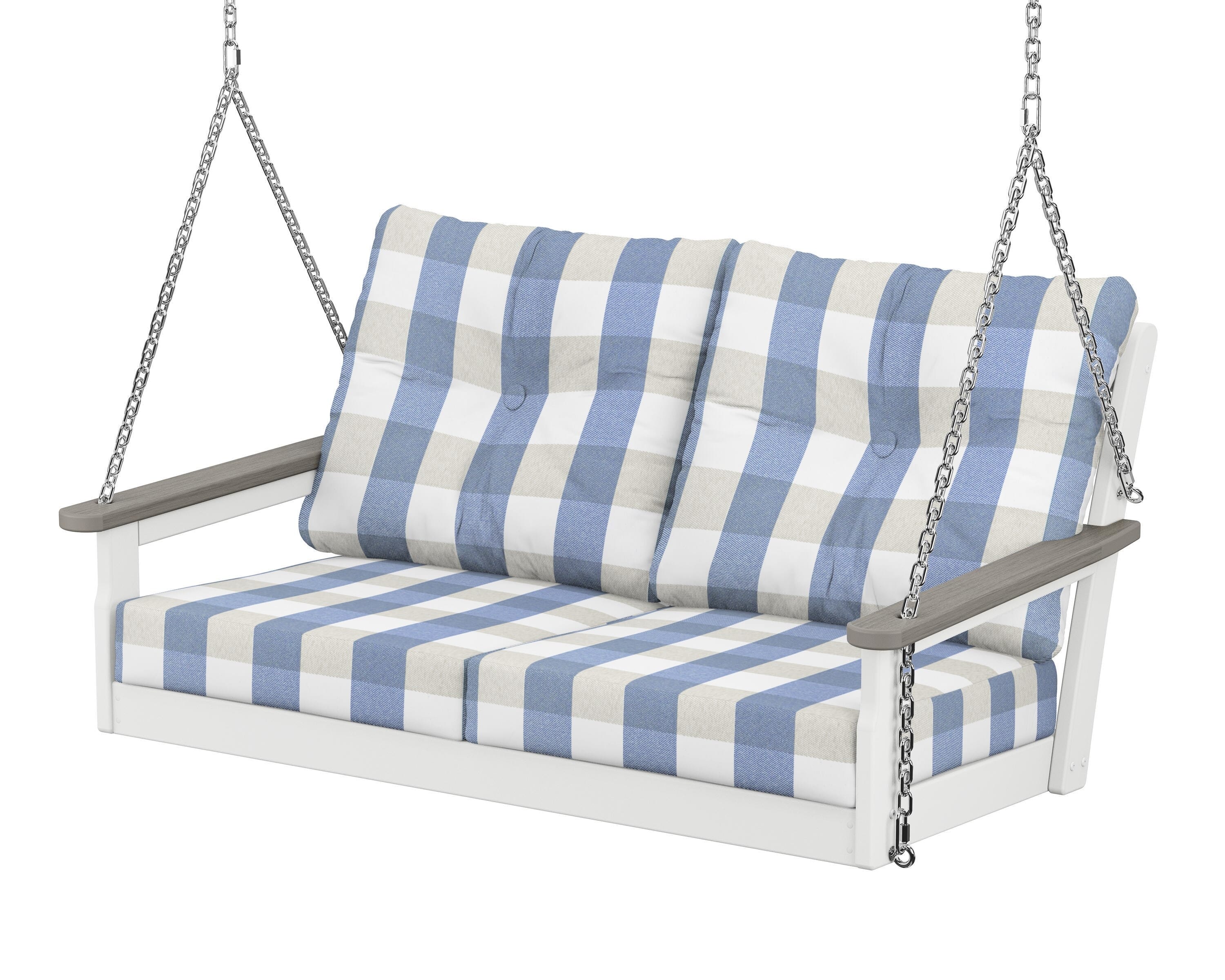POLYWOOD® Vineyard Deep Seating Swing in White / Driftwood / Buffalo Plaid Sky Blue