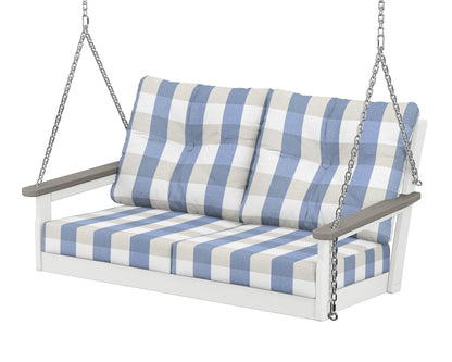 POLYWOOD® Vineyard Deep Seating Swing in White / Driftwood / Buffalo Plaid Sky Blue