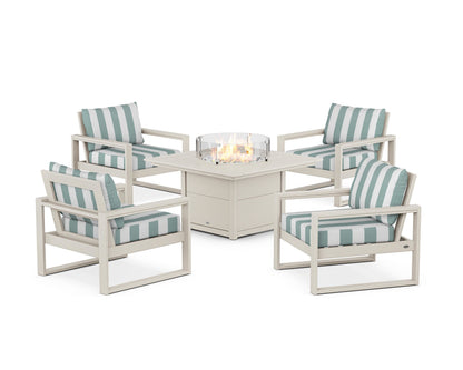 POLYWOOD® EDGE Sectional 5-Piece Deep Seating Set with Fire Pit Table in Sand / Cabana Stripe Glacier Spa