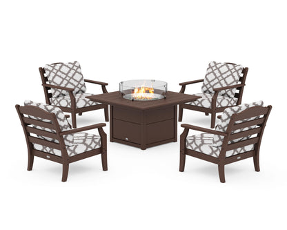 Draper James™ by  POLYWOOD® Savannah 5-Piece Deep Seating Set with Fire Pit Table in Mahogany / Trellis Grey Mist