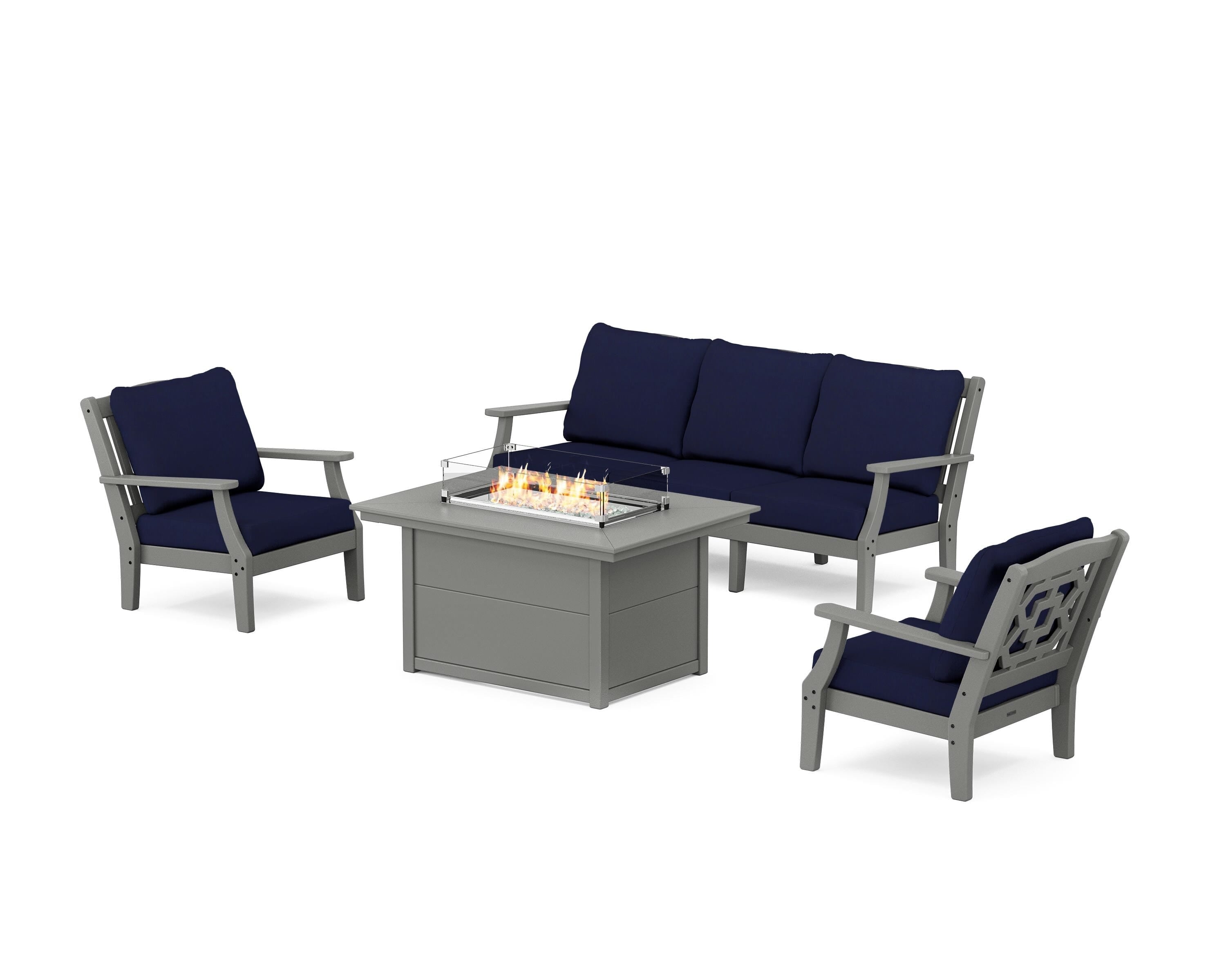 Martha Stewart by POLYWOOD® Chinoiserie Deep Seating Fire Pit Table Set in Slate Grey / Navy