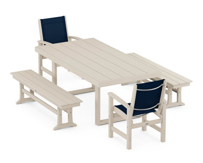 POLYWOOD® Coastal 5-Piece Dining Set with Trestle Legs in Sand / Navy Blue Sling
