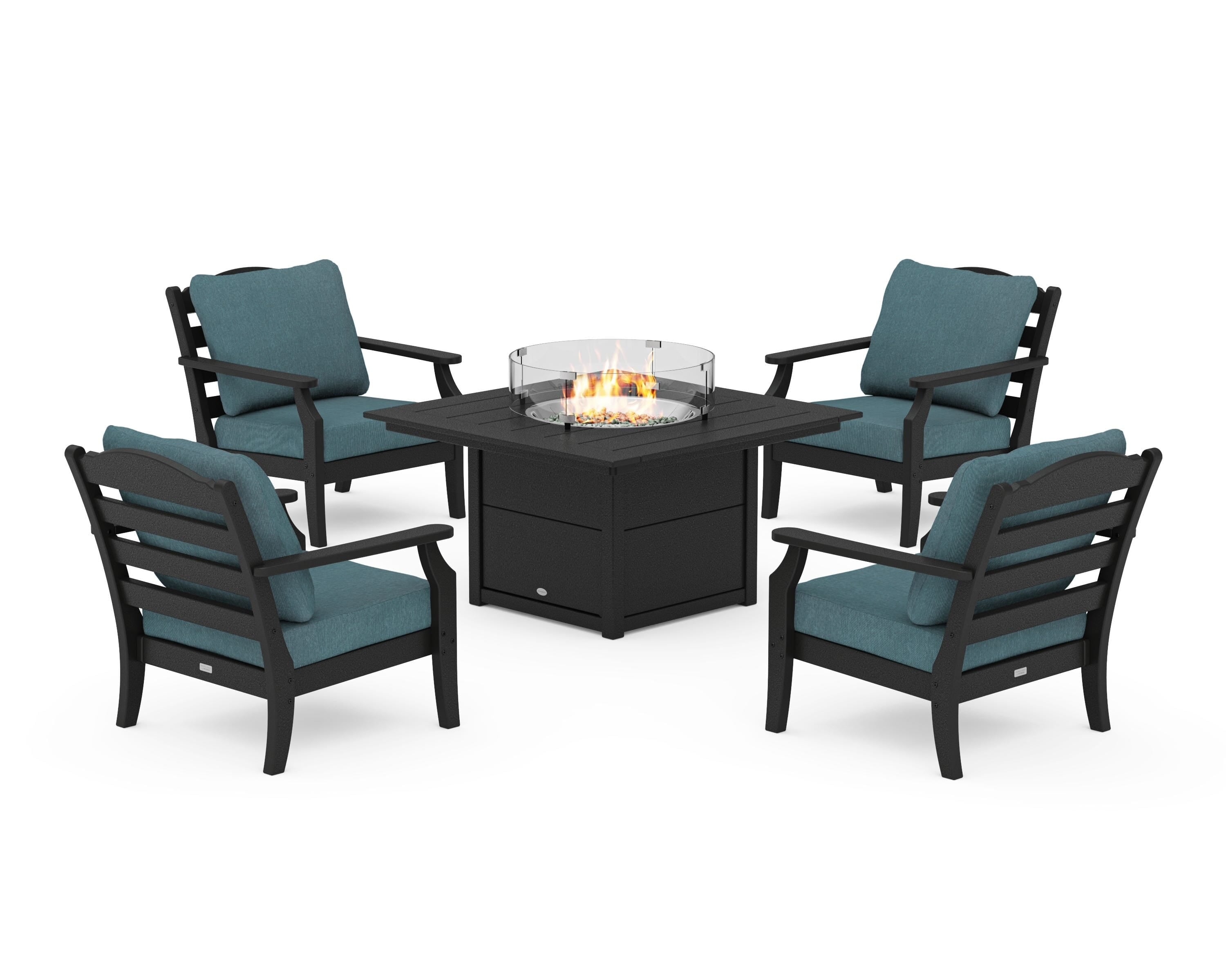 Draper James™ by  POLYWOOD® Savannah 5-Piece Deep Seating Set with Fire Pit Table in Black / Ocean Teal