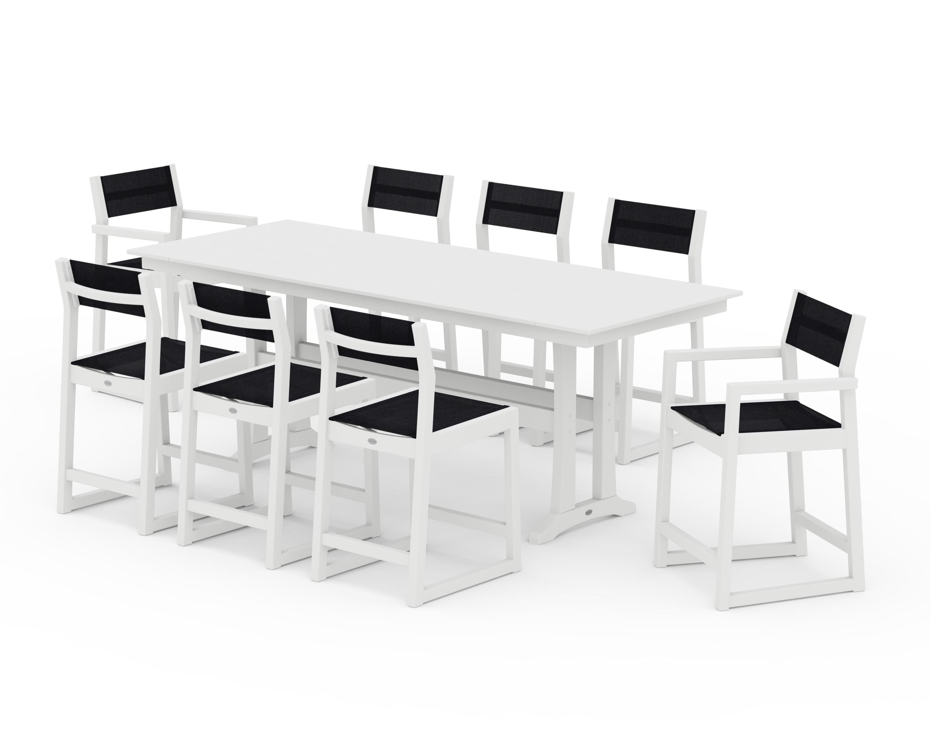 POLYWOOD® EDGE Sling 9-Piece Farmhouse Counter Set with Trestle Legs in White / Black Sling