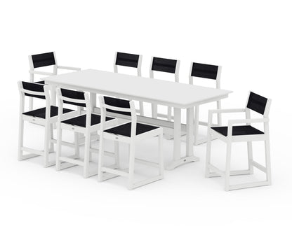POLYWOOD® EDGE Sling 9-Piece Farmhouse Counter Set with Trestle Legs in White / Black Sling