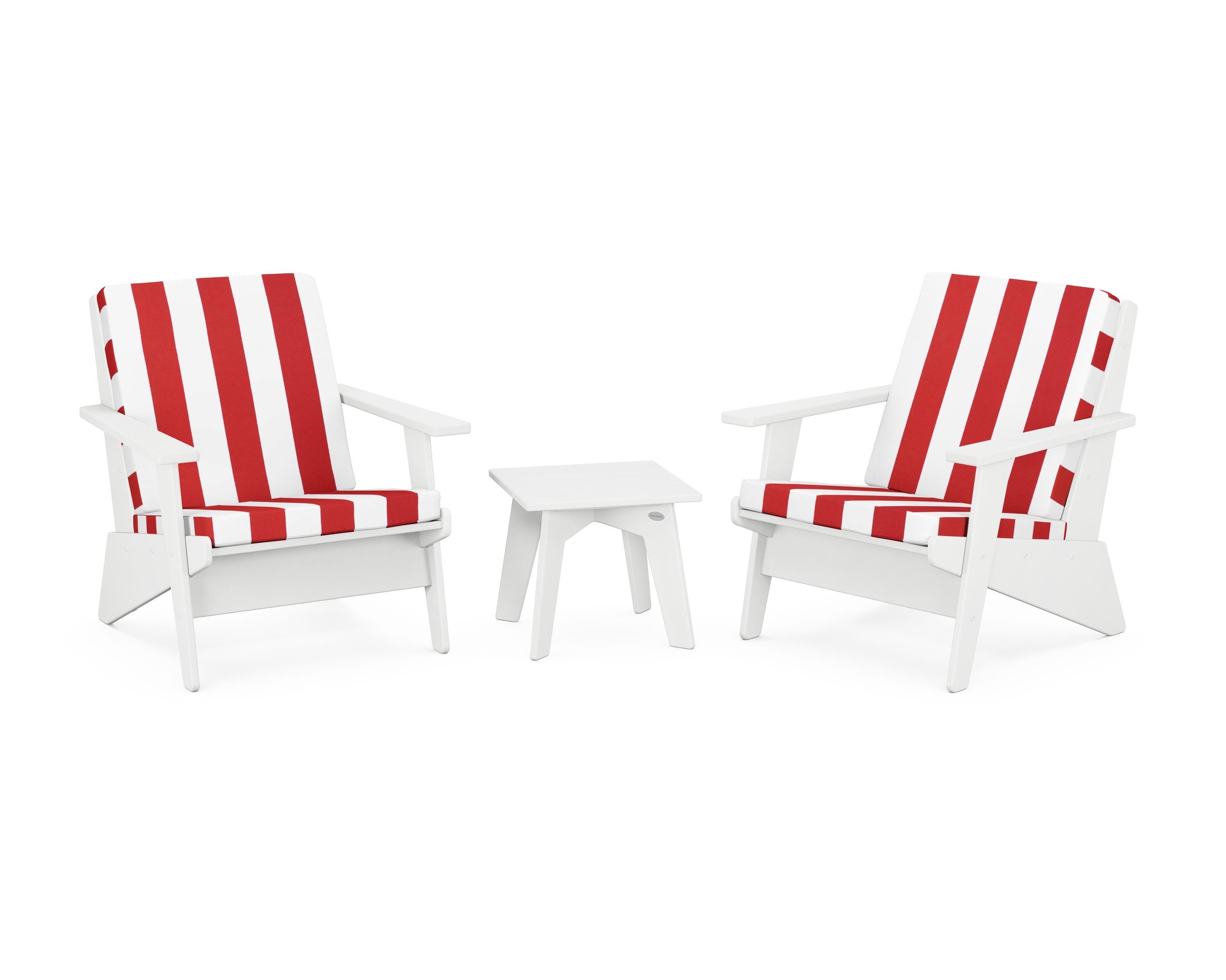 POLYWOOD® Riviera Modern Lounge 3-Piece Set in White / Cabana Stripe Crimson