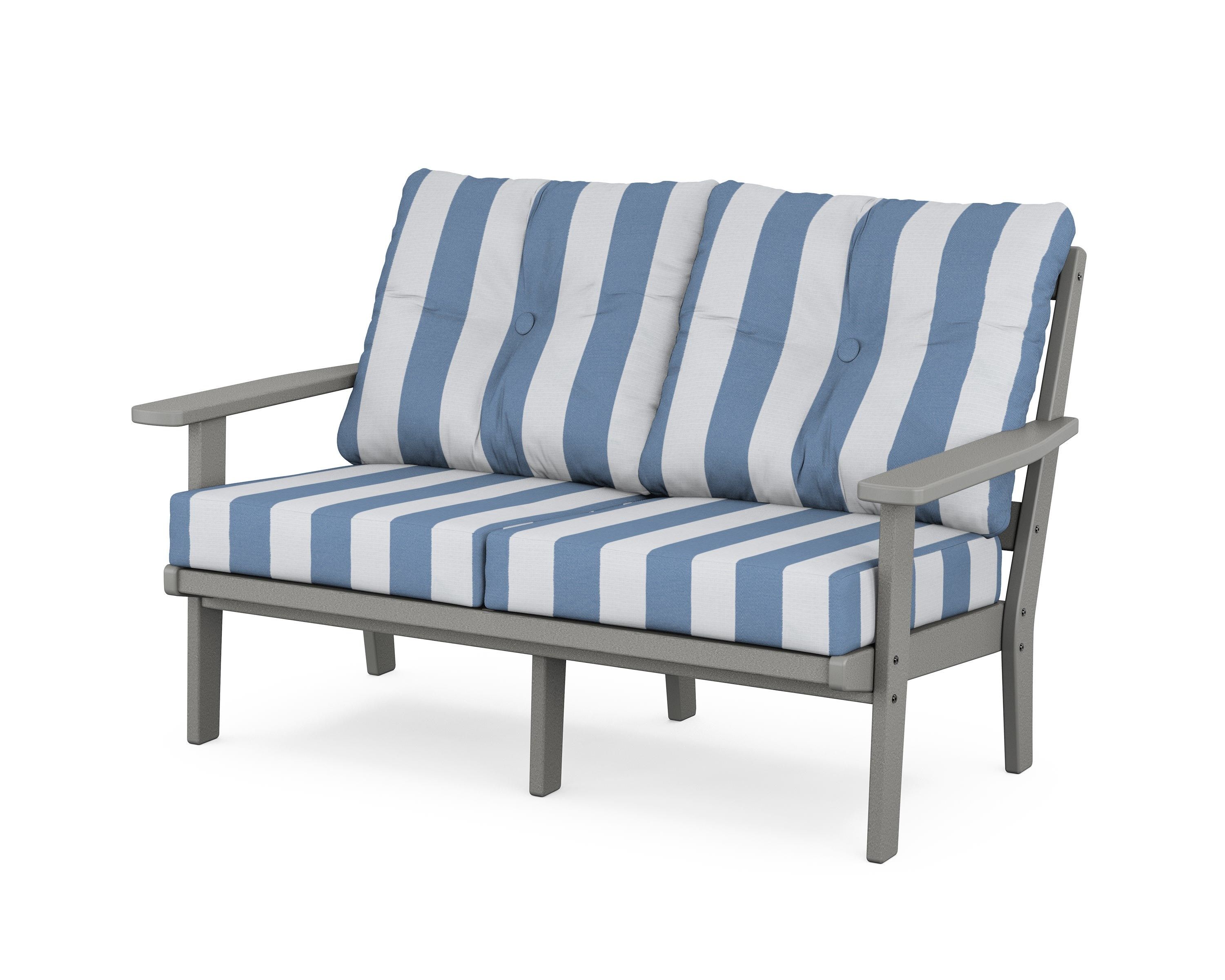 POLYWOOD® Oxford Deep Seating Loveseat in Slate Grey / Cabana Stripe Sky Blue