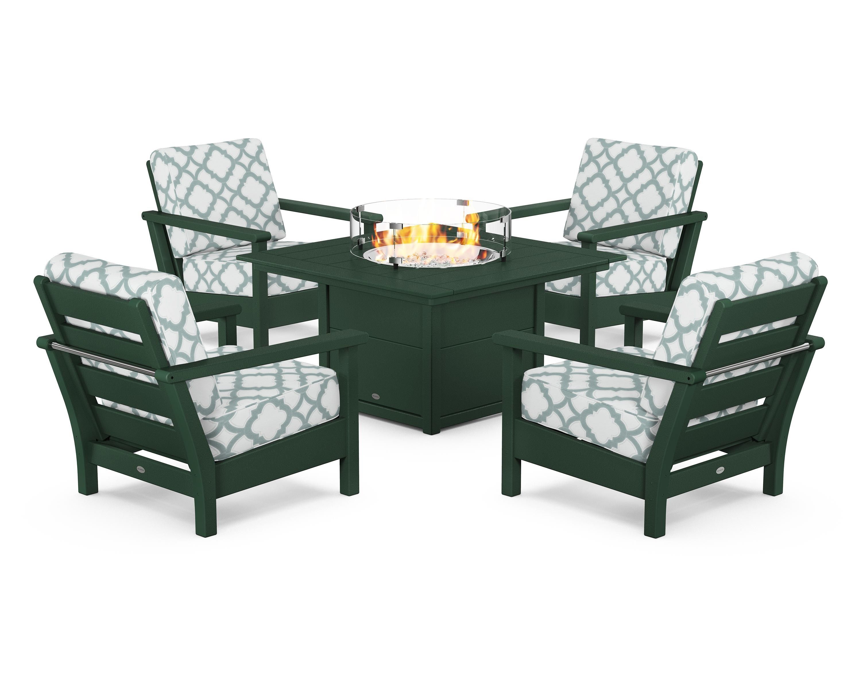 POLYWOOD® Harbour 5-Piece Conversation Set with Fire Pit Table in Green / Trellis Glacier Spa