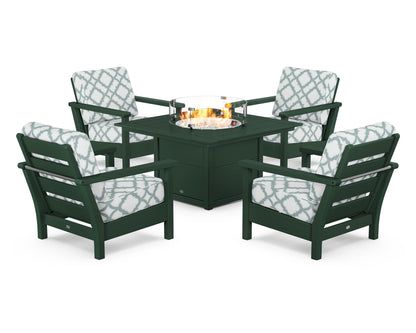 POLYWOOD® Harbour 5-Piece Conversation Set with Fire Pit Table in Green / Trellis Glacier Spa
