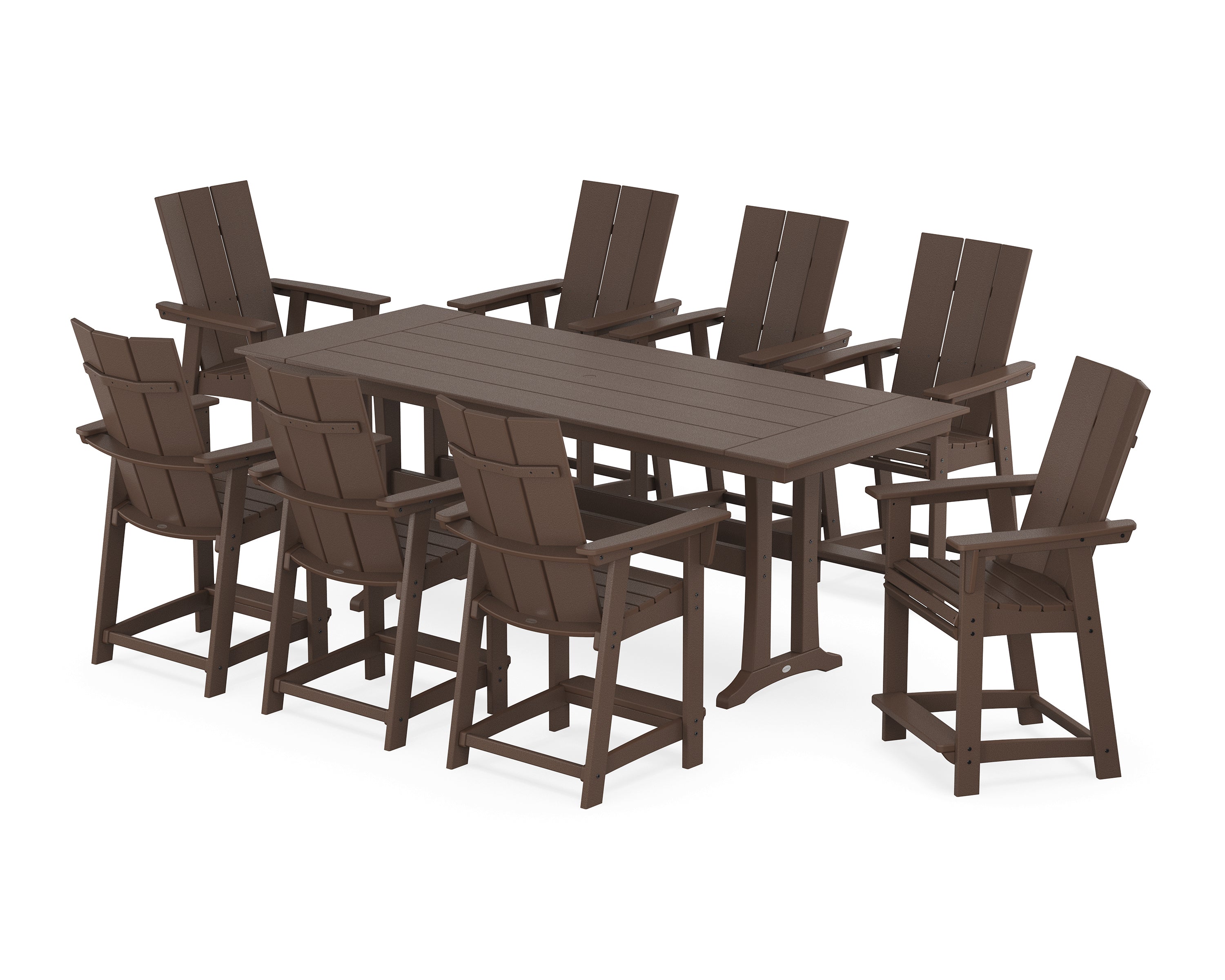 POLYWOOD® Modern Curveback Adirondack 9-Piece Farmhouse Counter Set with Trestle Legs in Mahogany