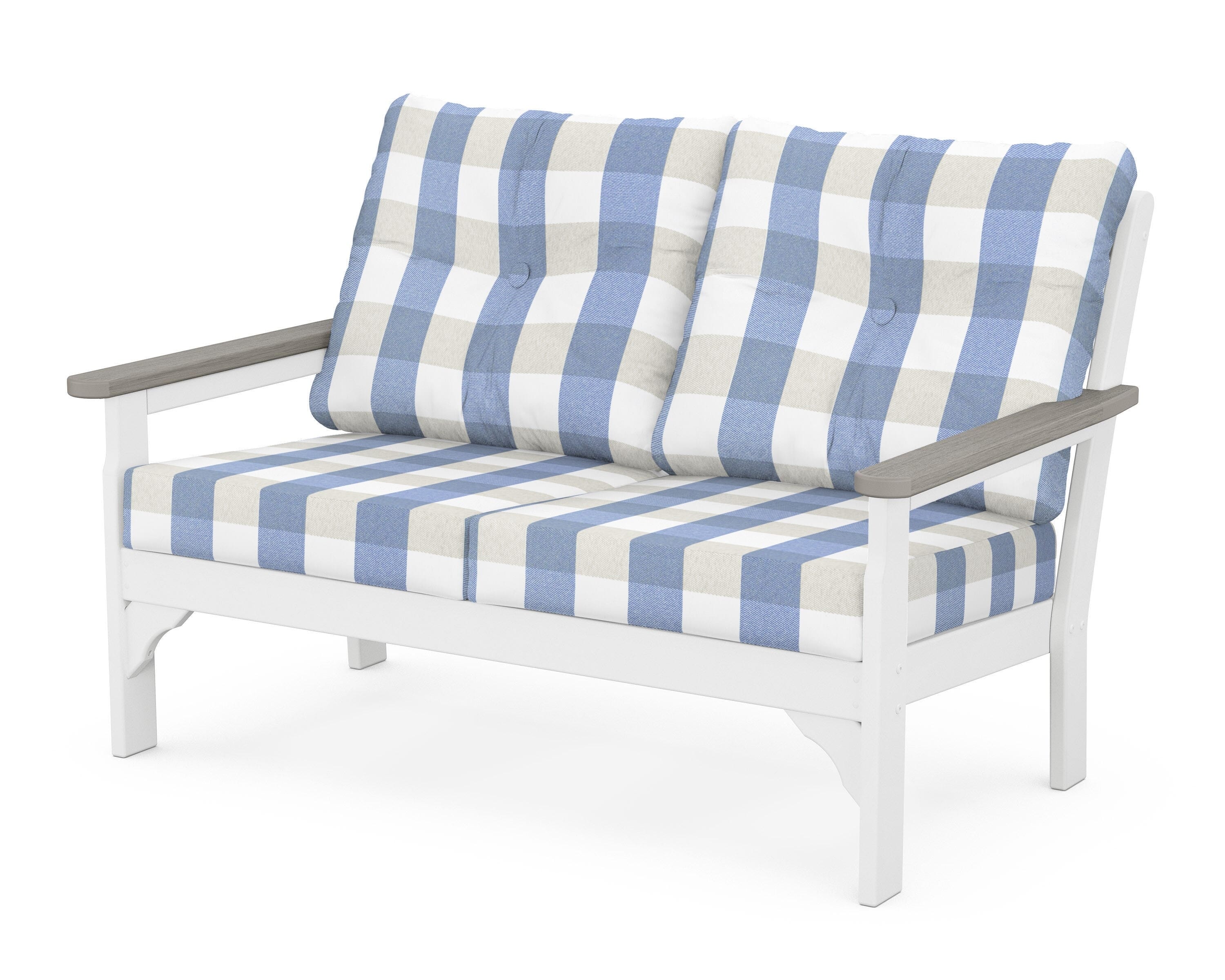 POLYWOOD® Vineyard Deep Seating Loveseat in White / Driftwood / Buffalo Plaid Sky Blue