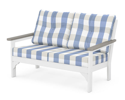 POLYWOOD® Vineyard Deep Seating Loveseat in White / Driftwood / Buffalo Plaid Sky Blue