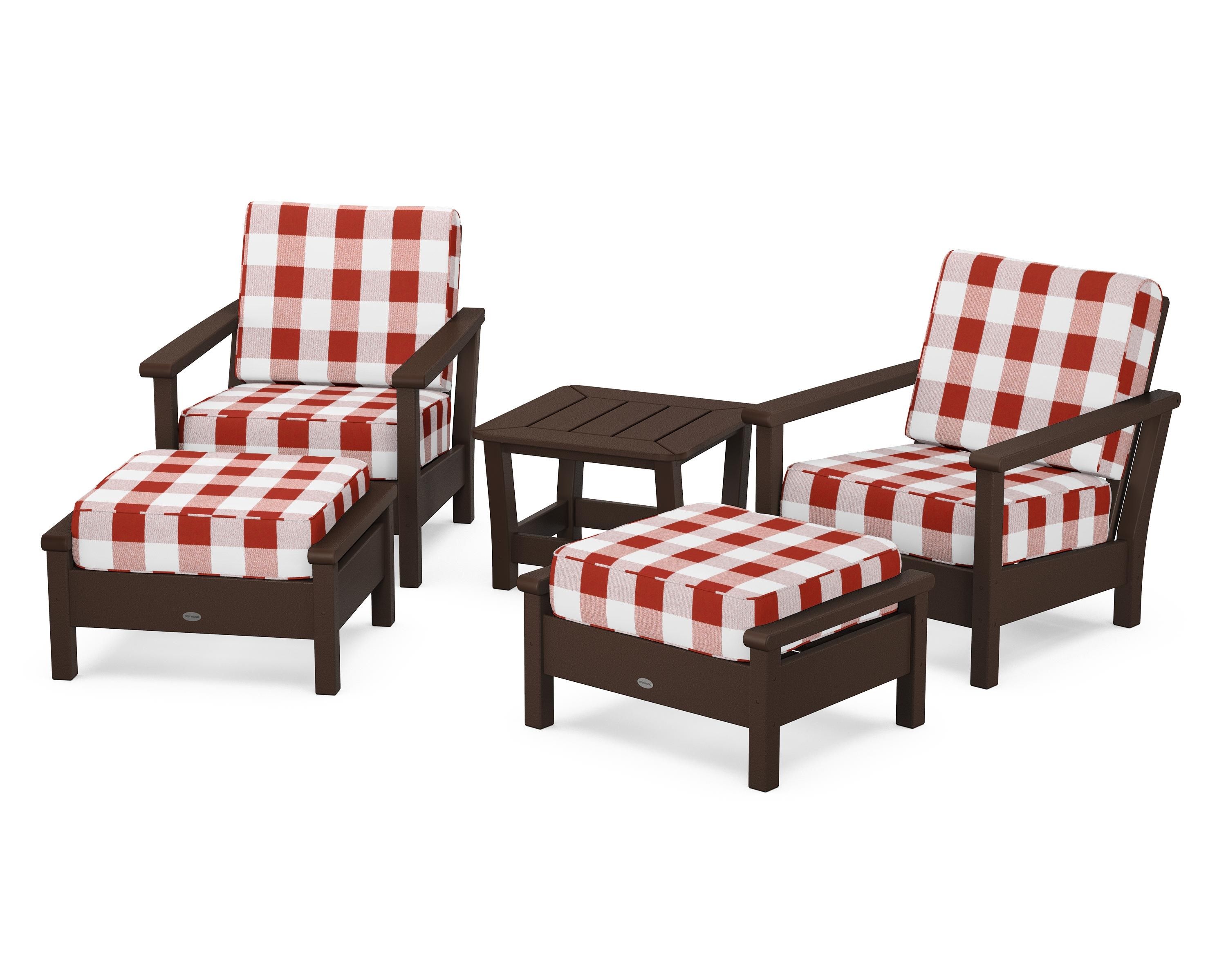 POLYWOOD® Harbour 5-Piece Deep Seating Chair Set in Mahogany / Buffalo Plaid Crimson