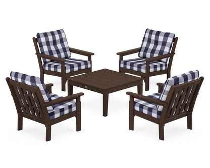 POLYWOOD® Vineyard 5-Piece Deep Seating Conversation Set in Mahogany / Buffalo Plaid Navy