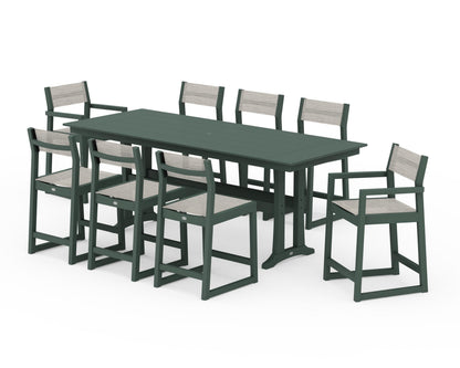 POLYWOOD® EDGE Sling 9-Piece Farmhouse Counter Set with Trestle Legs in Green / Birch Sling