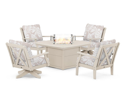 POLYWOOD® Braxton 5-Piece Deep Seating Set with Fire Table in Sand / Leaf Dune Burlap