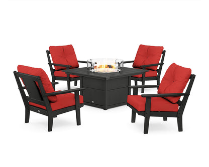 POLYWOOD® Prairie 5-Piece Deep Seating Set with Fire Pit Table in Black / Crimson Linen